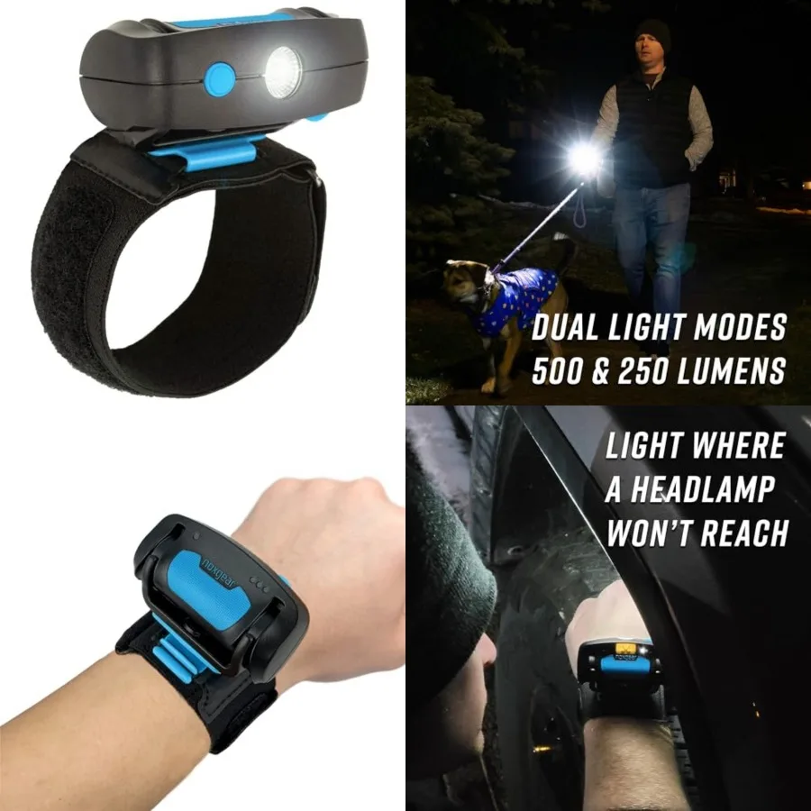 Wrist Light 500 Lumen Lightweight Hands-Free Flashlight - 100° Wide Flood Beam - USB-C Rechargeable - IP-64 Waterproof - 2 Brig