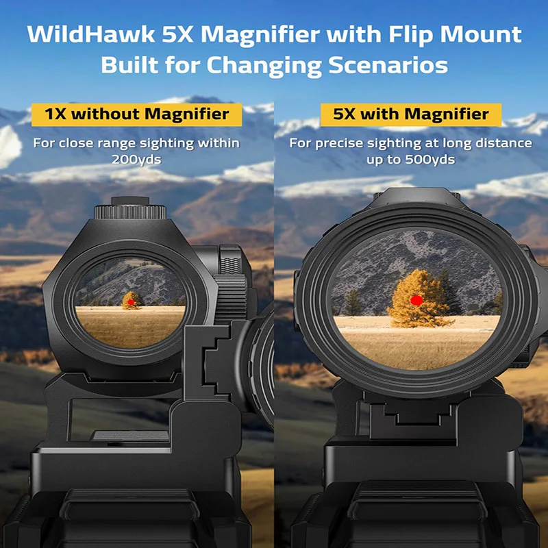 Wzmacniacz celowniczy CVLIFE 5X z mocowaniem typu flip-to-side do montażu na szynie Picatinny 21mm, do celowników kolimatorowych z czerwonym i zielonym punktem, wzmacniacze optyczne.