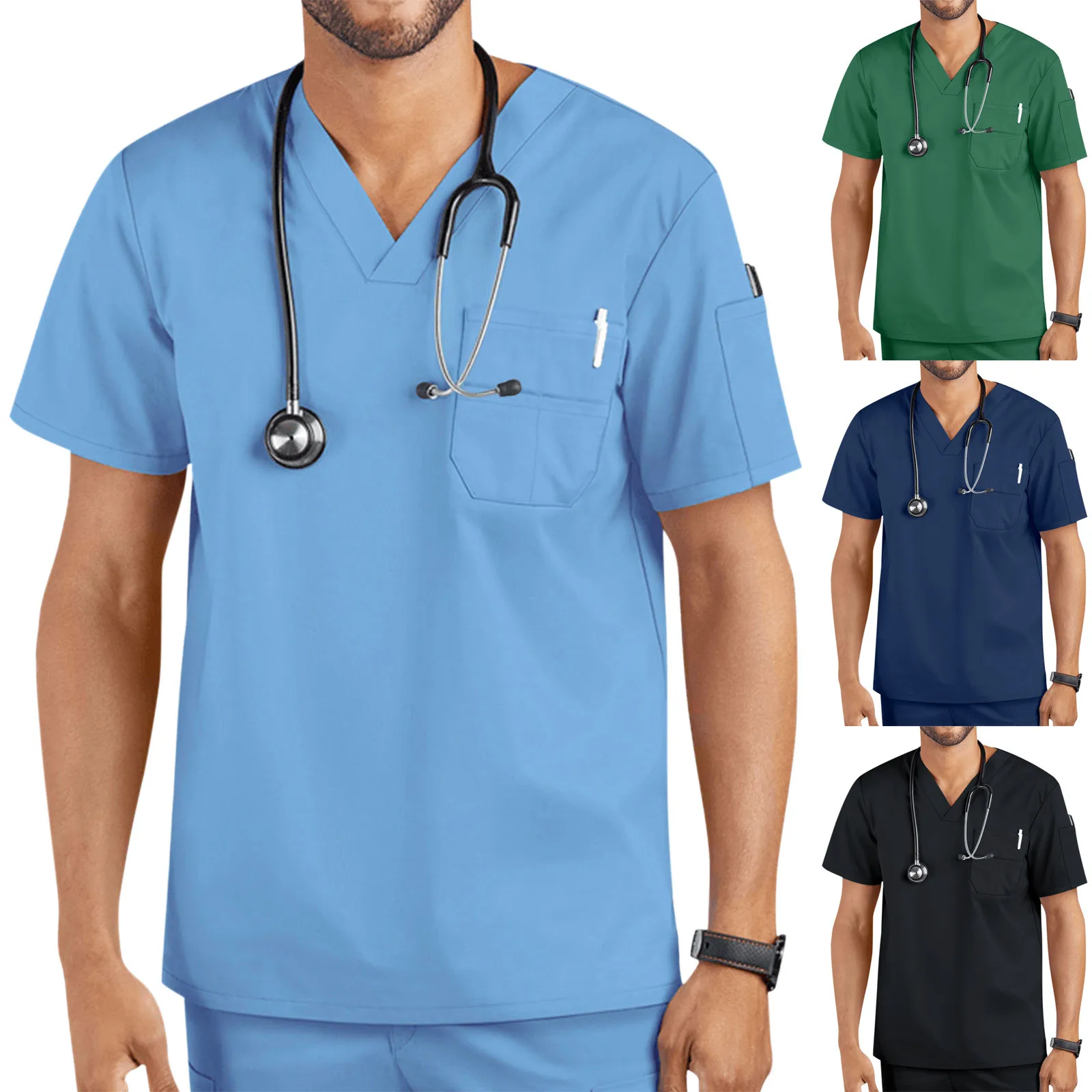 

Nurses Uniform Workwear Scrubs Men Tops Solid Color Nurse Uniform Men Scrubs Blouse Short Sleeve Pocket Workers Shirts Workwear