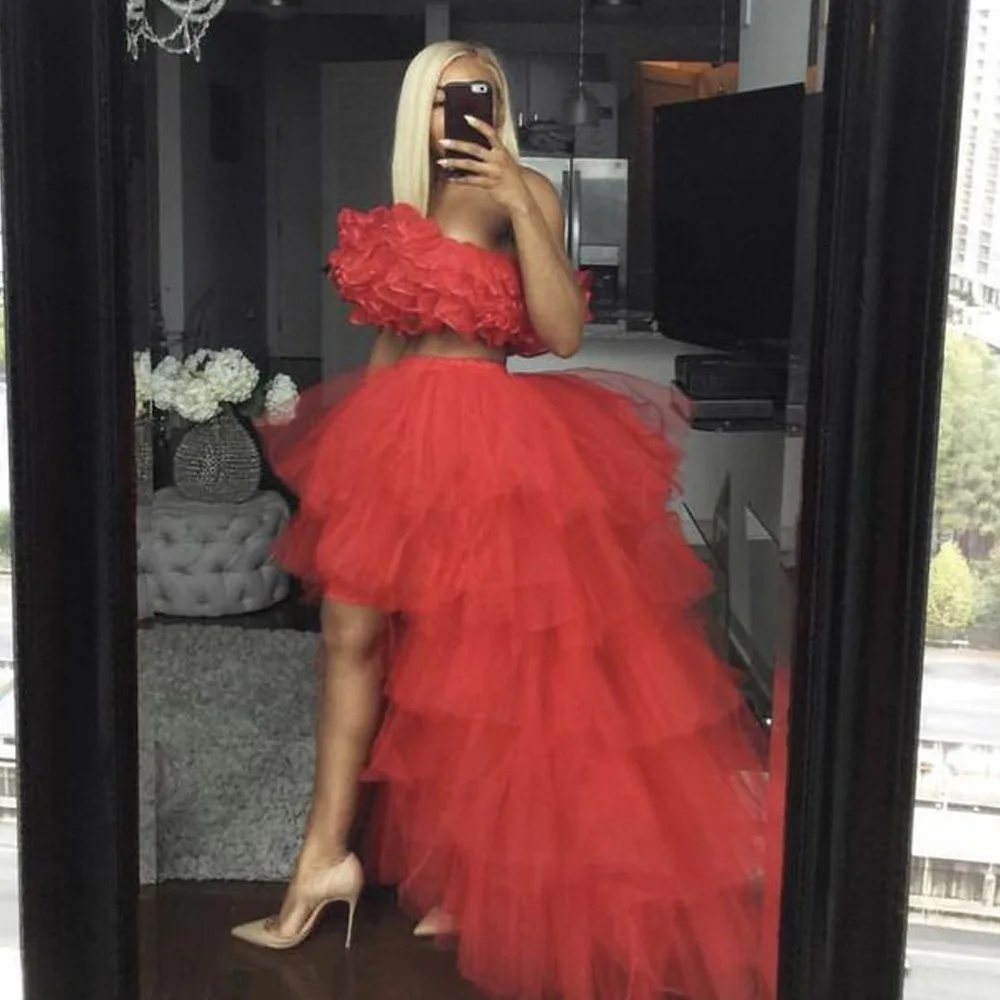 

New Fashion Red Puffy Tulle Women Skirts Sexy High Low Tiered Rufflles Mesh Girls Skirt Female Layered Tutu Party Clothing