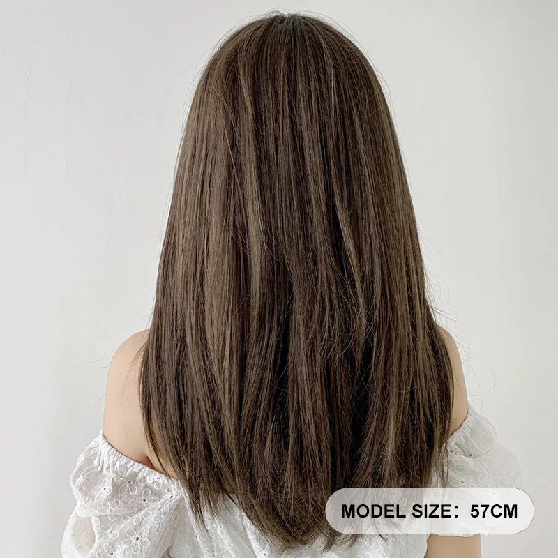 7JHH WIGS Synthetic Layered Cool Brown Wig for Women Daily High Density Long Straight Hair Wigs with Neat Bangs Heat Resistant - view 4