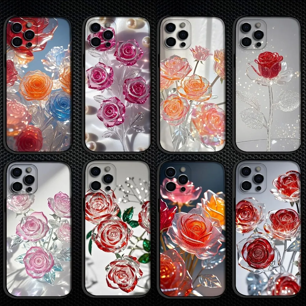 

fancy colorful galsses rose Phone Case For iPhone 16,15,14,13,12,11 Plus,Pro Max, Soft Silicone Black Cover