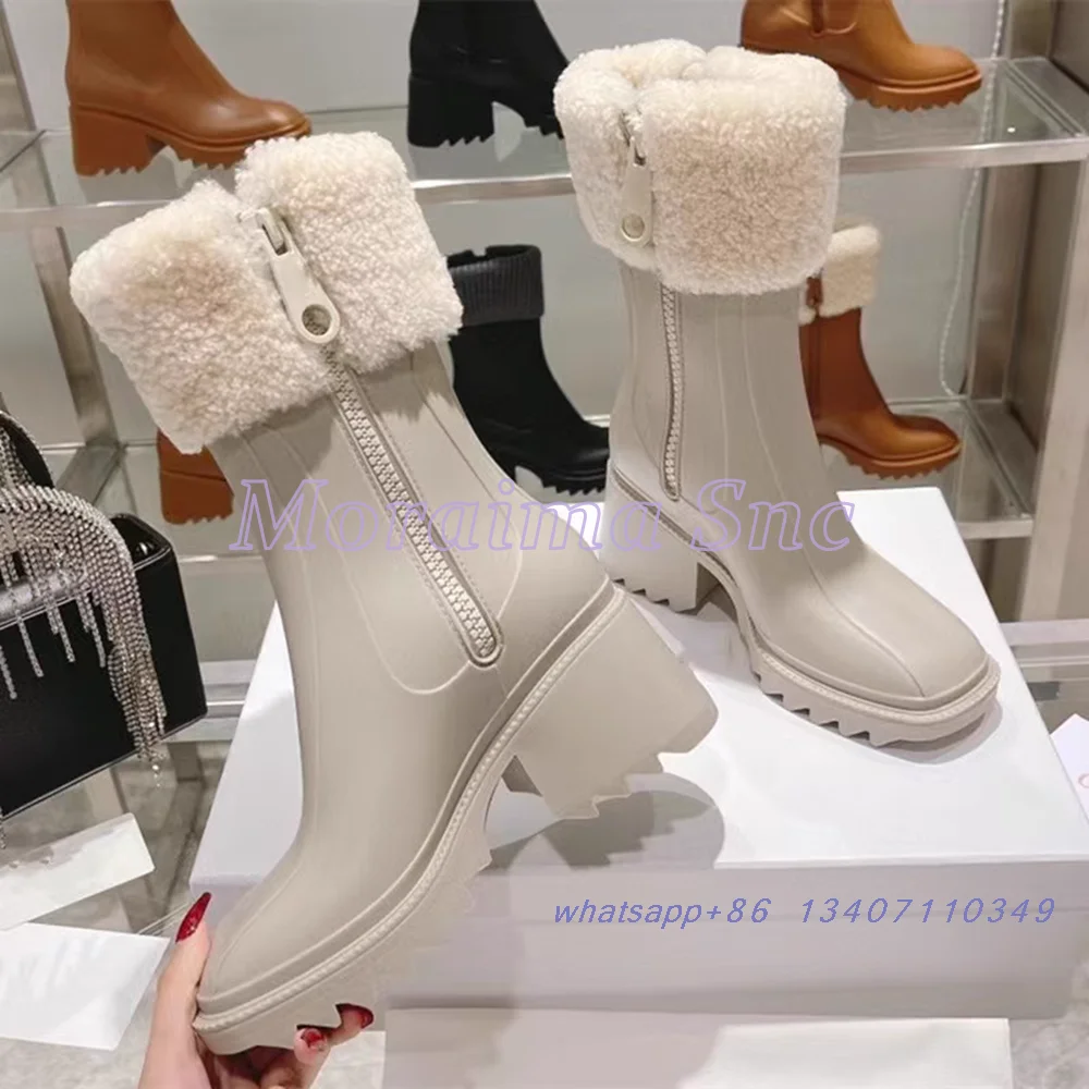 Square Toe Fur Stitching Rain Boots Block Chunky Heel Side Zipper Brown Leather Retro Fashion Damskie botki 2024 Winter