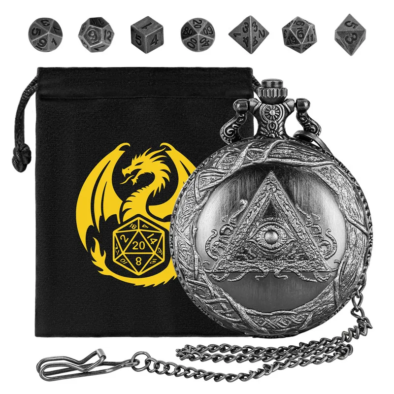 

Retro Triangular Eye Pocket Watch Case with Pendant Chain 7pcs/set Tiny Metal Polyhedral Dices for Tabletop Board Game Gift Bag