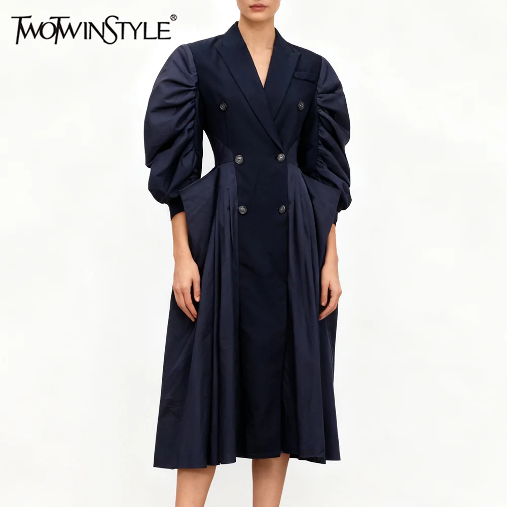 TWOTWINSTYLE Solide Abnehmen Verstärktes Raffen Temperament Graben für Frauen Revers Halbarm Tunika Mode Graben Weibliche Neue