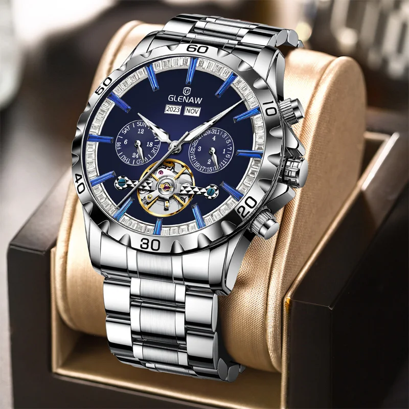 2024 GLENAW Men\'s Mechanical Watch Original Skeleton Waterproof Luminous Stainless steel Date Automatic Watch for Men Luxury