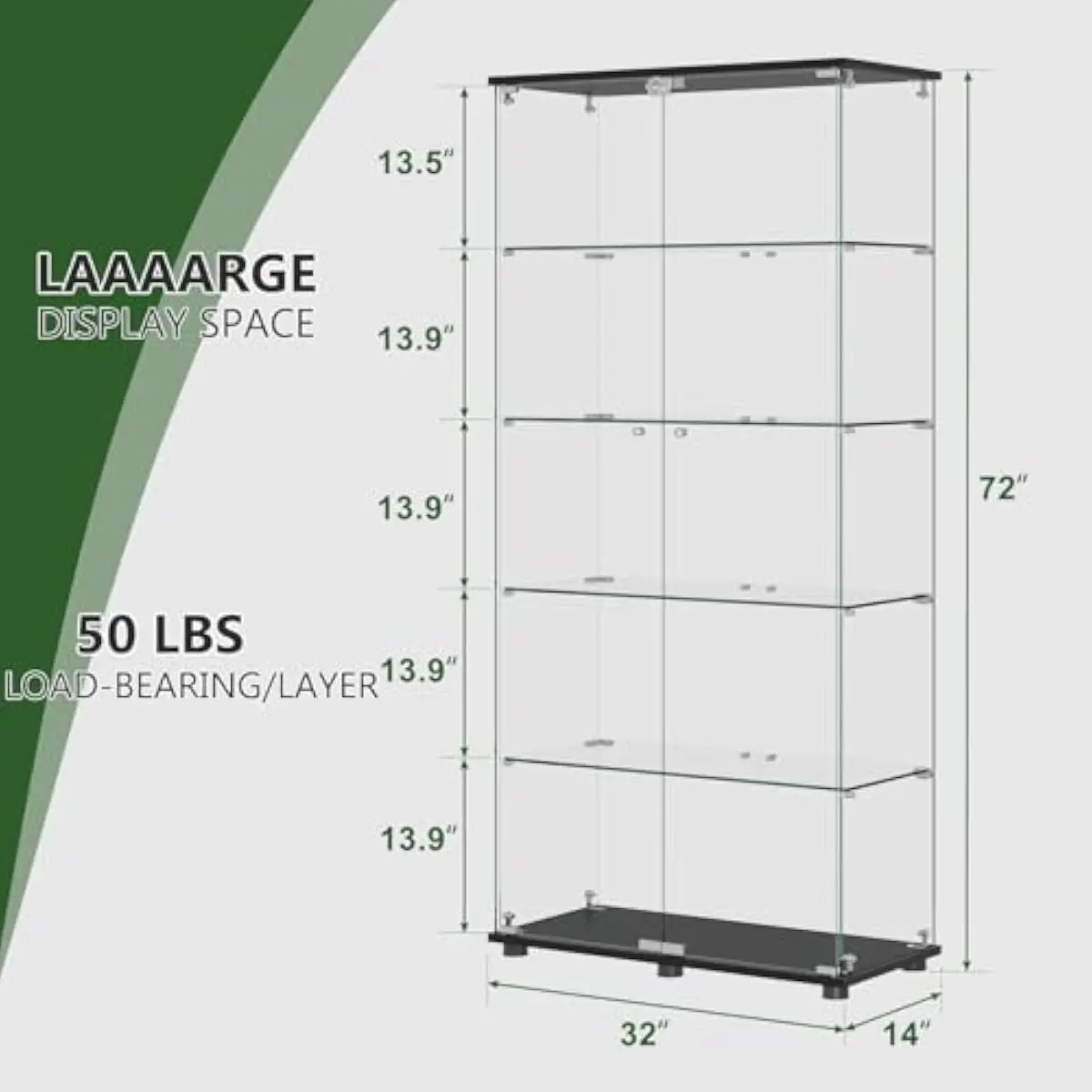 Tempered Glass Display Cabinet Featuring Five Adjustable Shelves Double Locking Doors Black Finish Dust-Proof Modern Design For