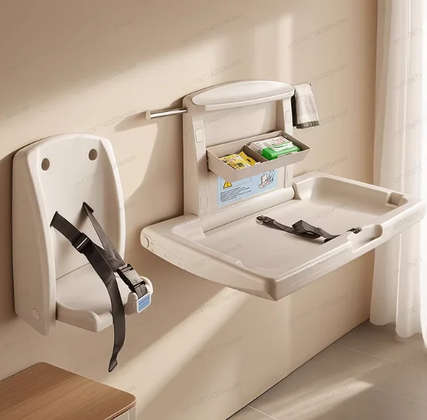 Wall Mounted Foldable Diaper Changing Table with Built-in Baby Safety Seat, Bathroom & Nursery Care Station
