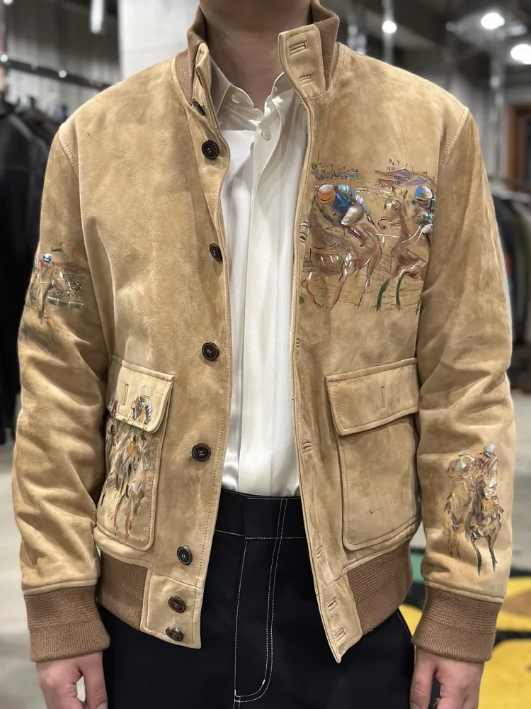 Men Luxury Stand Collar Slim Fit Sheepskin Suede Jackets Single Breasted Hand-Painted Horse Bomber Jacket Real Leather Coat Male