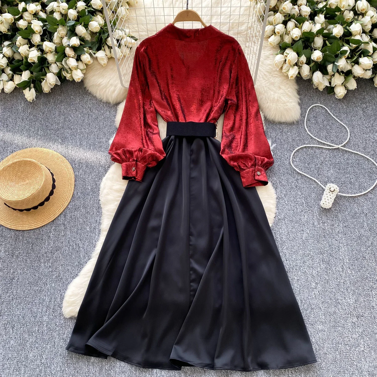 Elegant Long Sleeves Vintage Turn-down Collar Chic Metal Buckle Belt Slim Long Dresses French High Street Autumn Winter Clothing