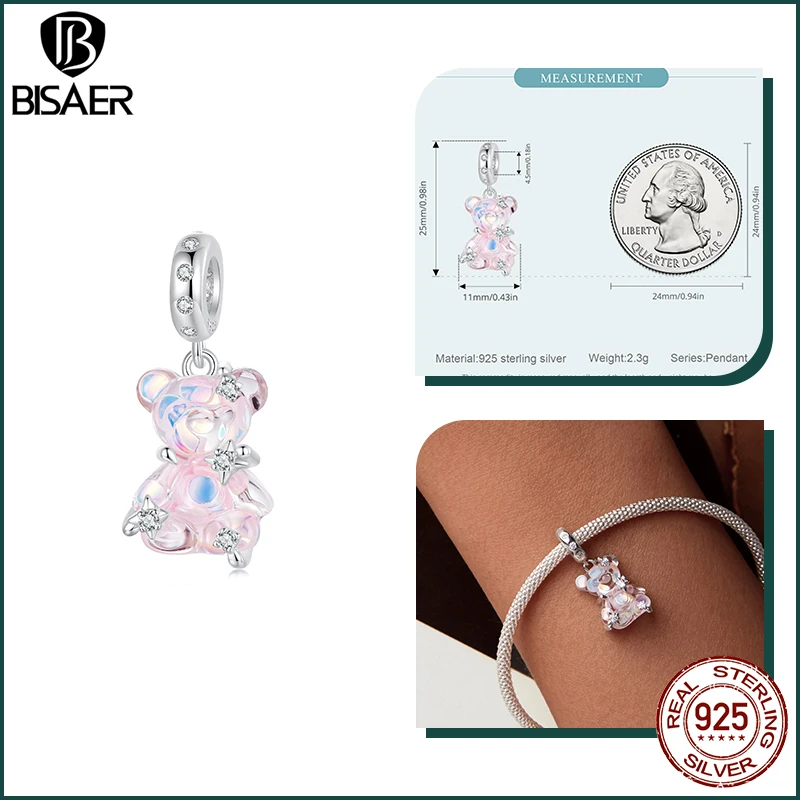 BISAER 925 Sterling Silver Princess Bear Ballet Girl Charm Bead Pink Shoe Bow Safety Chain Fit Women DIY Bracelet Fine Jewelry