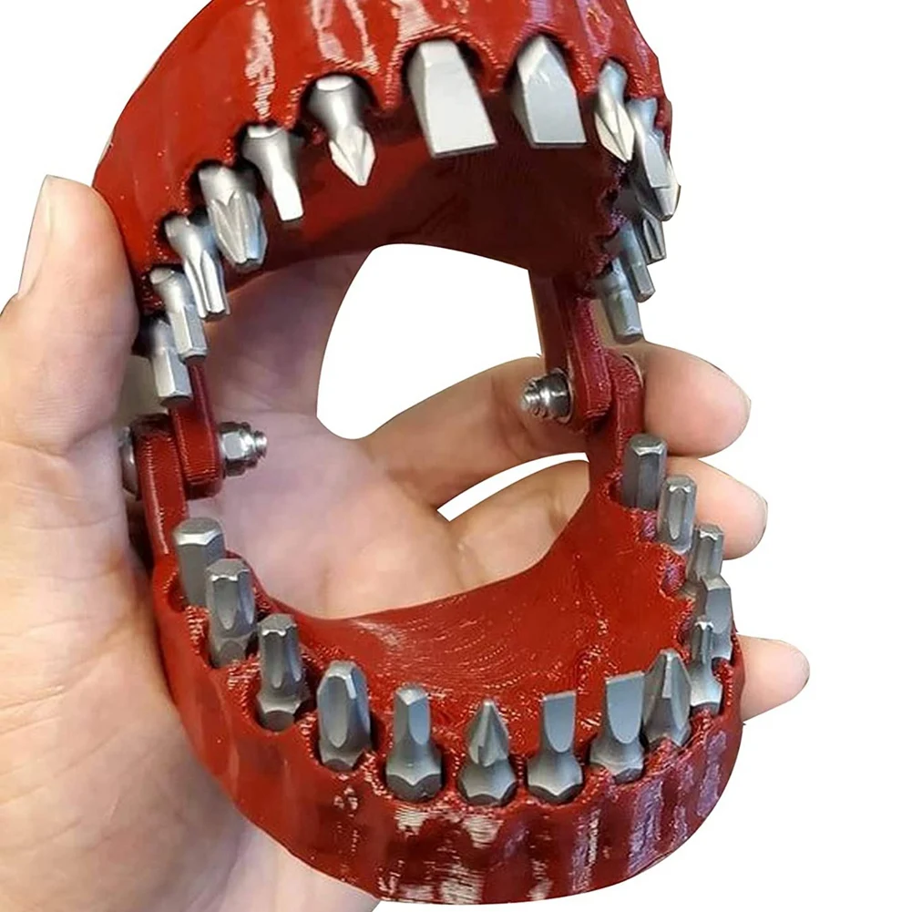 Denture Drill Bit Holder Teeth Model Design Holds Up to 28 Bits Fits 1/4 Inch Hex Bit and Drive Bit Adapter (Red)