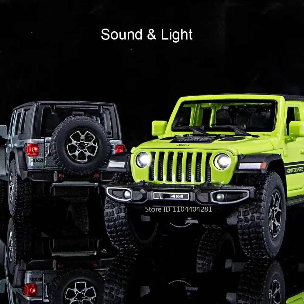 Modelo de juguete Wrangler Rubicon 1:32, puertas de coche fundidas a presión de aleación, sonido abierto, luz, vehículo todoterreno en miniatura, regalo de vacaciones para niños