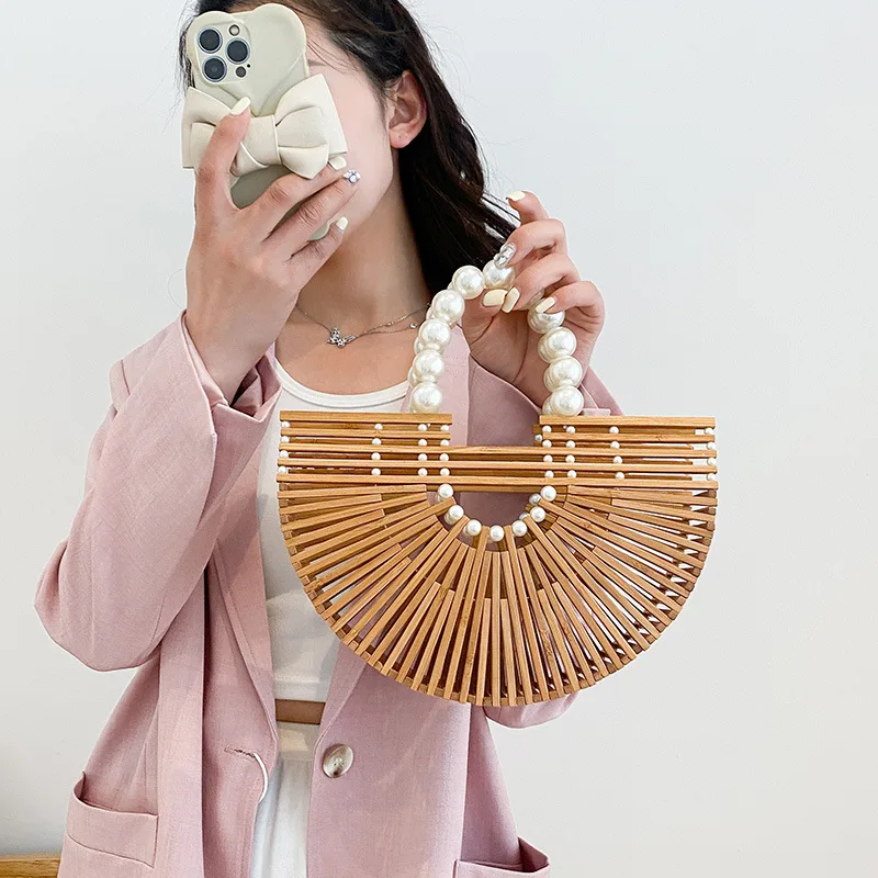 Hollow Out Woven Bags for Women 2024 Trend Summer Fashion Handbag Handcrafted Bamboo Beach Bag Pearl Large Shoulder Bag Ladies