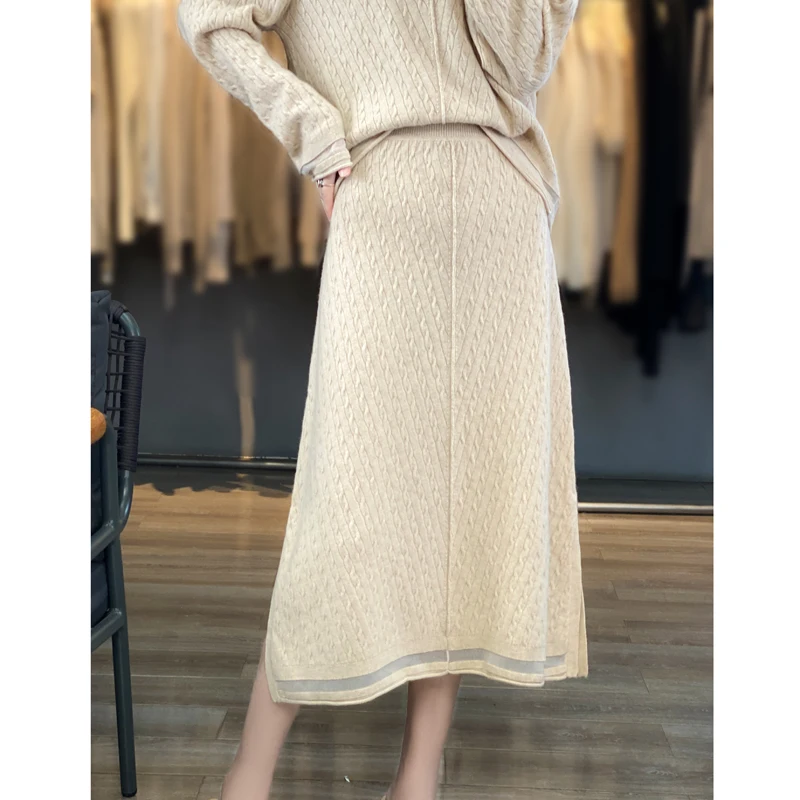 Women\'s New 100% Australian Wool Skirt Set V-Neck Long Sleeve Pullover Sweater Versatile Western Style Half Skirt Women\'s  Set