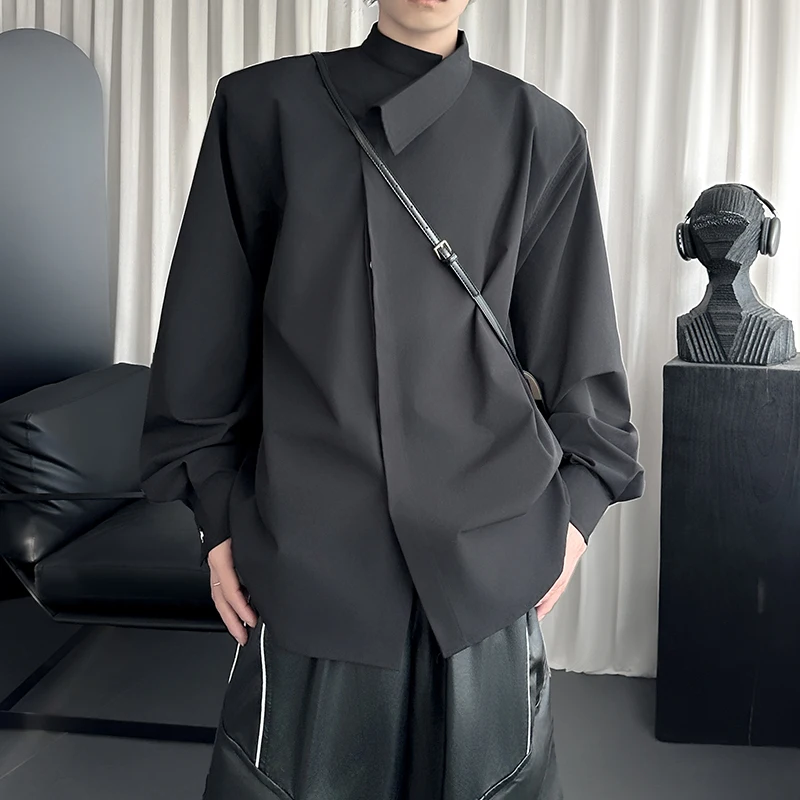 

Chinese Irregular Stand-up Collar Long Sleeve Shirts for Men Retro Shoulder Pad Button Shirt Solid Color Loose Casual Shirt Tops
