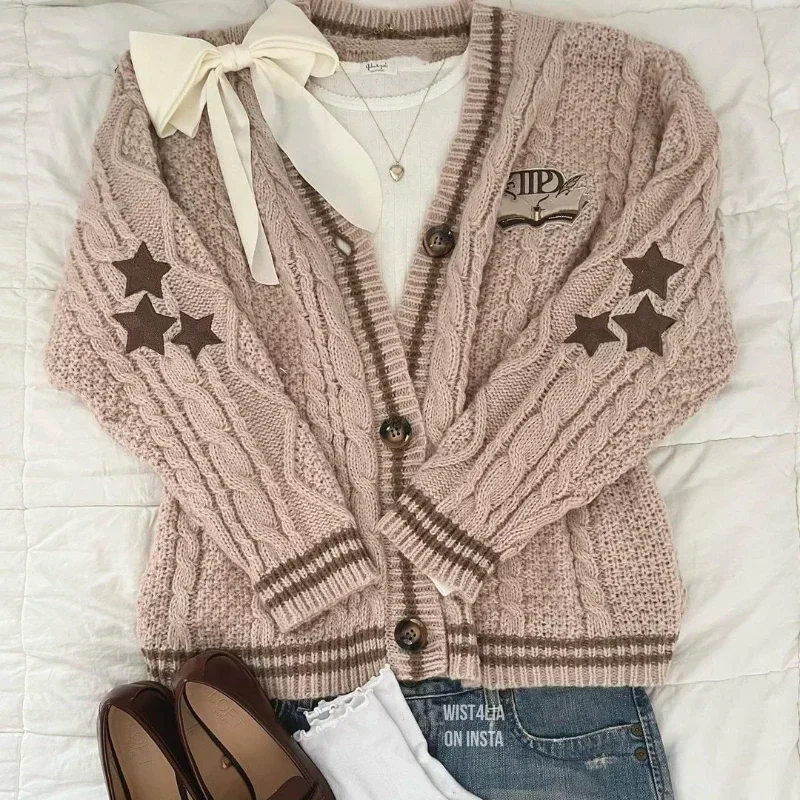 Women Autumn Cotton Star Embroidery Khaki Knitted Cardigans V Neck Aesthetic Retro Single Breasted Sweaters Y2k Beige Tops