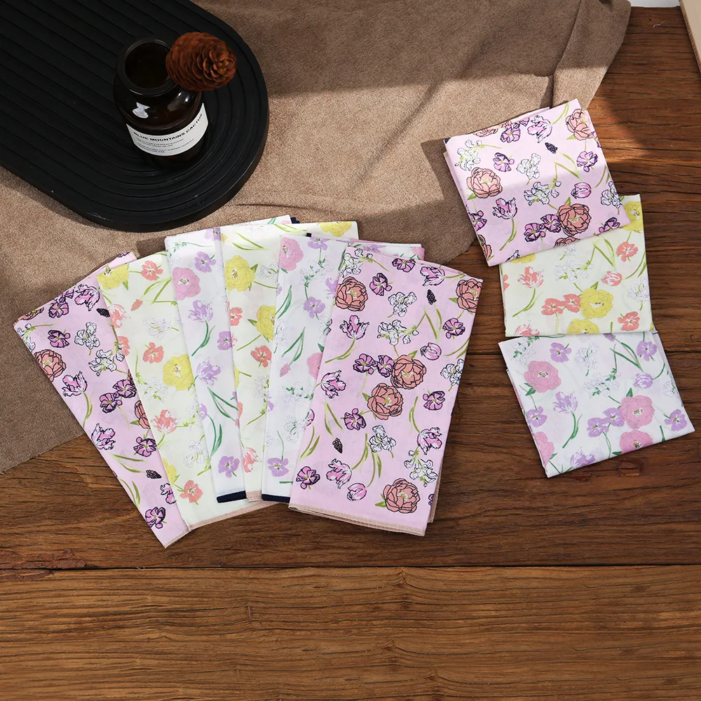 Women 43cm Cotton Handkerchief Romantic Rose Floral Print, Lightweight Absorbent Sweat Wiping Hanky Ladies Printed Pocket Square