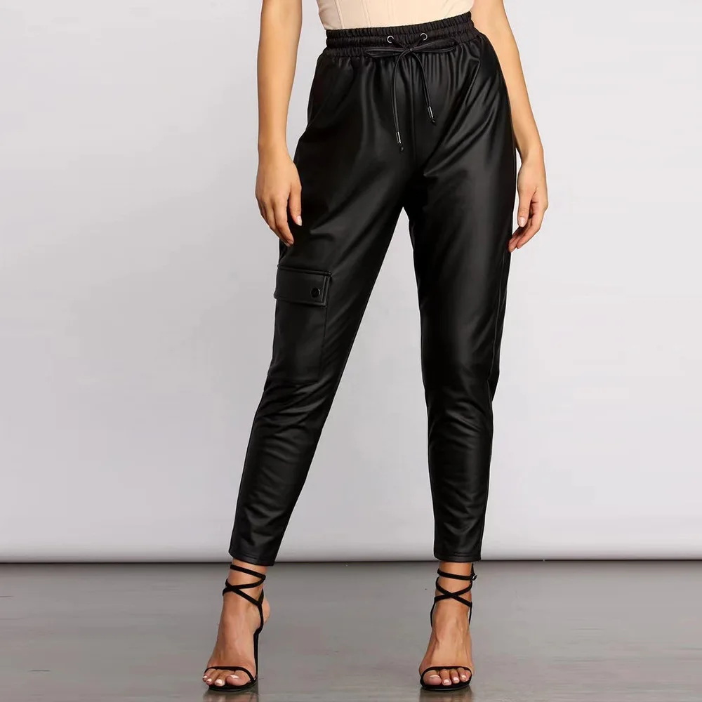 High Waist PU Leather Trousers Women Casual Loose Bloomers With Office Matte Patent Leather Elastic Band Stretch Pencil Pants