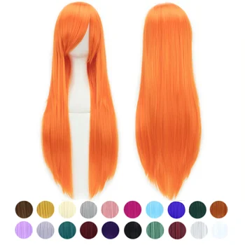 80 cm lange rechte synthetische haar oranje cosplay pruiken met pony halloween kostuum partij pruik voor vrouwen