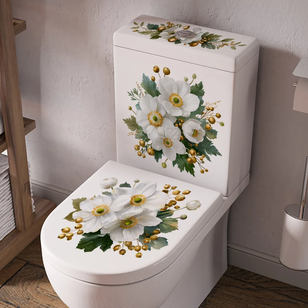 White Flower Gold Berry Toilet Wall Decals Floral Bathroom Stickers Waterproof Removable Self Adhesive for Toilet Lid Tank Home