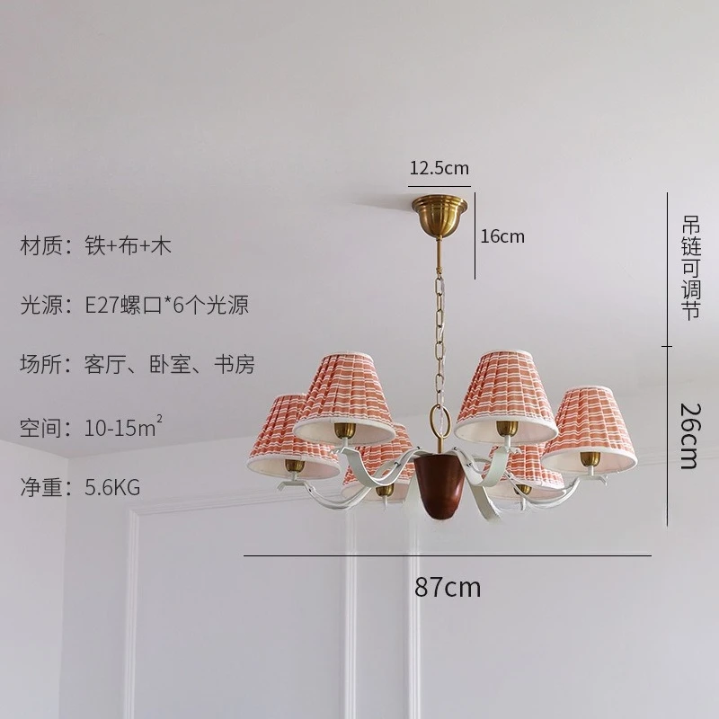 Lampadario da camera da letto studio retrò americano, lampada principale da soggiorno in legno massello con stampa in tessuto di design