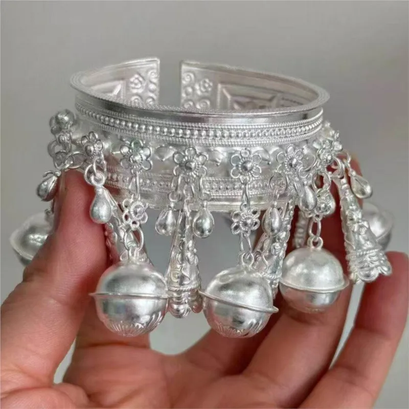 

Ethnic Miao Silver Bell Bangle Chinese Luxury Heavy Craft Bracelet Traditional Dance Costume Accessory Vintage Minority Jewelry