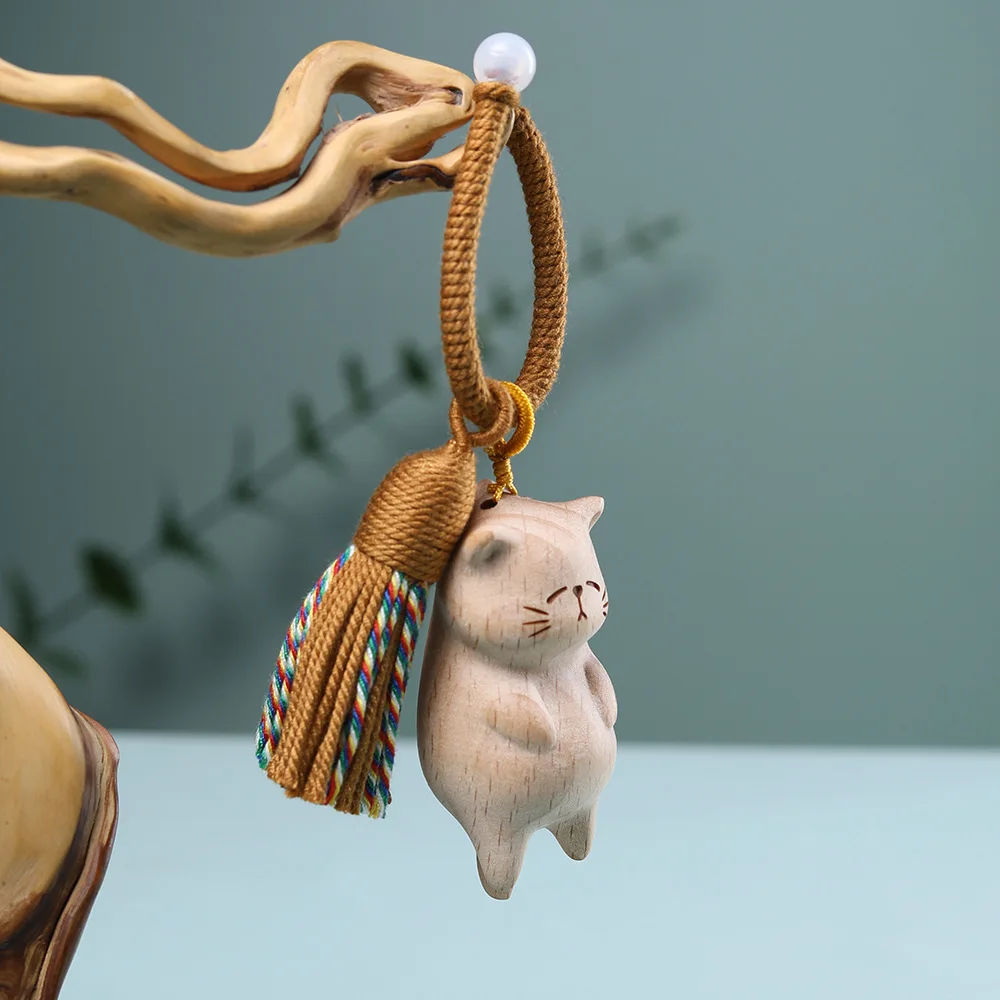 Colgante de Gato de la Suerte de Madera de Olmo de 2 Piezas, Llavero DIY con Flecos. Colgador de mochila con diseño de dibujos animados, decoración de pared para balcón
