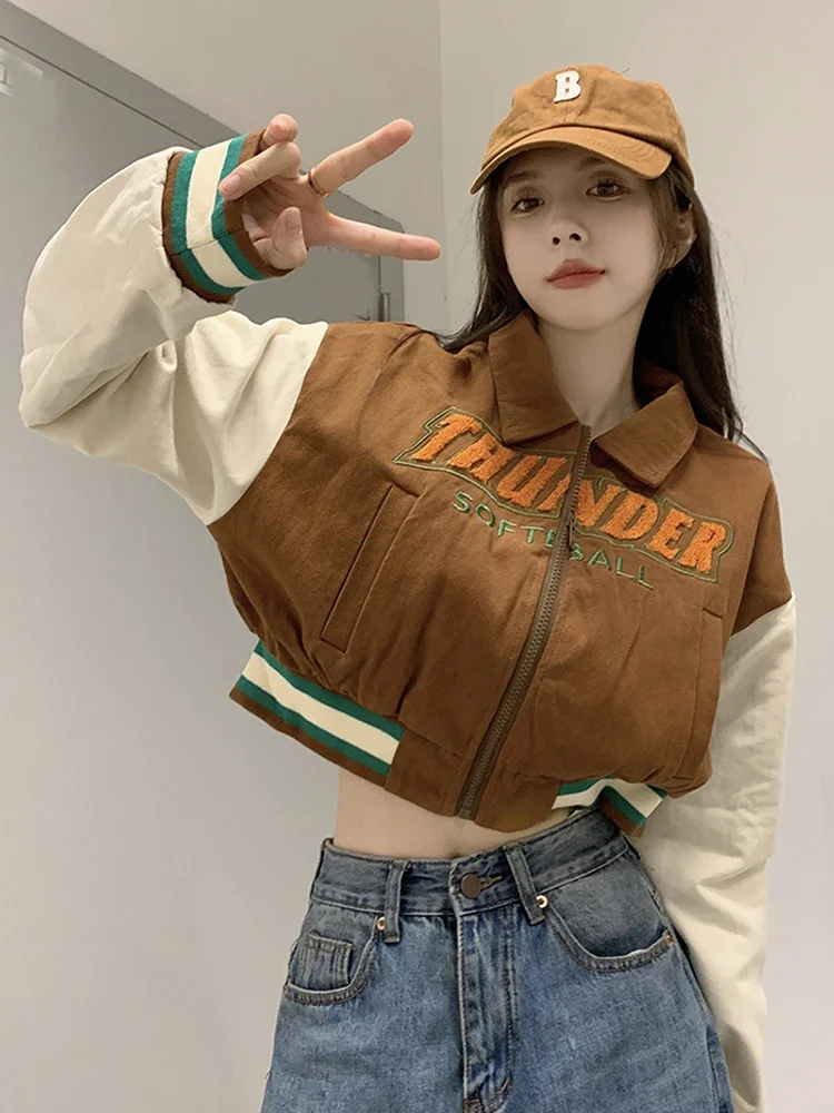 

Streetwear Retro Women Baseball Jacket Sexy Cropped American Short Coat Letter Loose Long Sleeve Bf Harajuk Autumn Outwear