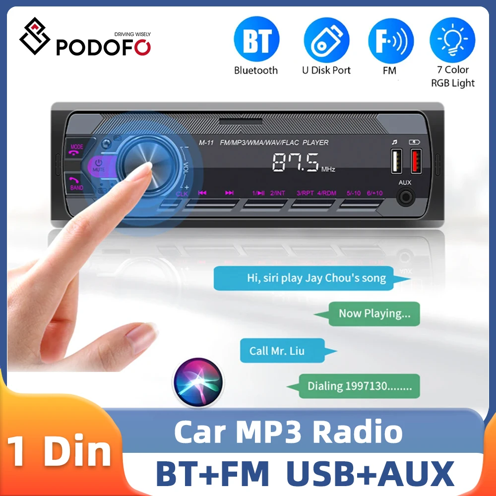 Podofo ISO Port Bluetooth Music Stereo 1Din MP3 Player 12V 45W Car Radio USB/SD/AUX-IN Remote Control In-dash FM RCA Car Audio