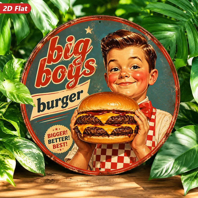 2D Flat, 1pc Retro Diner Burger Round Metal Sign Wall Art, Bigger Better Best Slogan, Ideal for Garden Bedroom