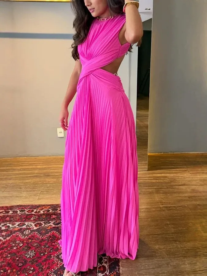 Women's Sexy Pleated Maxi Dress Side Cutout Backless O Neck Waist Cinching Hot Pink Summer Party Cocktail Evening Long Dress