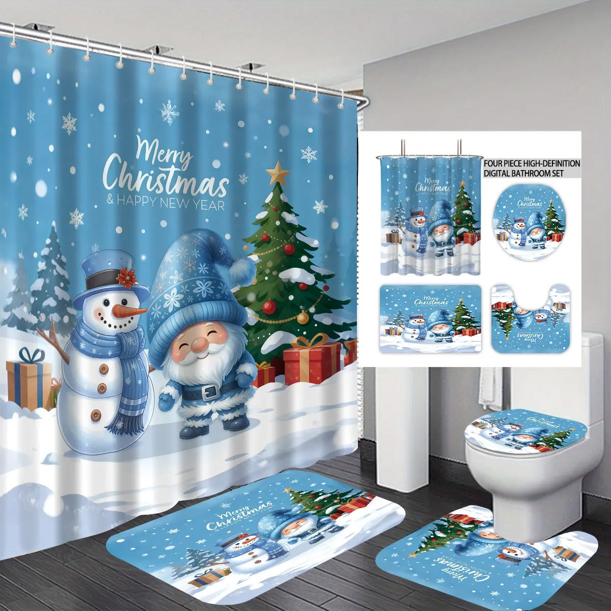 Waterproof Bath curtain set,Christmas Bath Curtain with 12 Hooks,  Floor Mat Toilet Cover Bathroom Home Decor Various sizes
