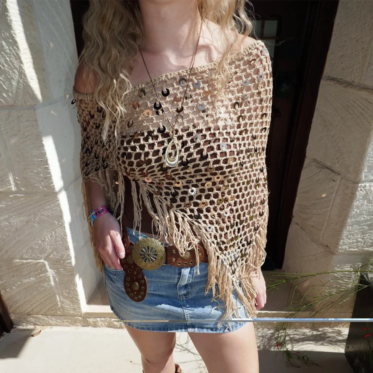 Hand-Knitted Fringe Bottom Top, Summer Beach Vacation Hollow Out Sequin Decor Cover-Up, Casual Fashion Fitted Beachwear