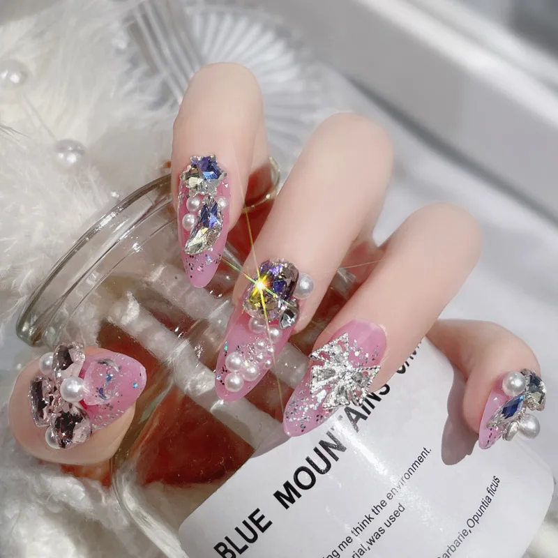 Ins Large Crystal False Nails 3D Rhinestone Pearl Decor Bridal Fake Nail Patch Shiny Korean Wedding Artificial Nail Art Tips