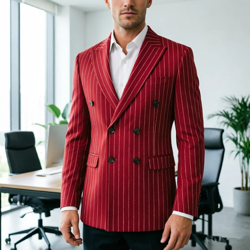 

New Men's Formal Striped Suit Double Breasted Jacket White Fashion Simple Male Business Social Wedding Dance Party Dress Blazers