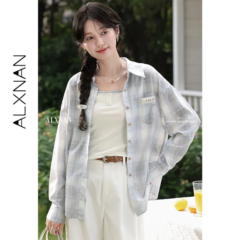 

ALXNAN синяя клетчатая рубашка с длинными рукавами, женская рубашка с защитой от солнца, повседневные элегантные рубашки, модные винтажные женские топы свободного кроя L55979-1