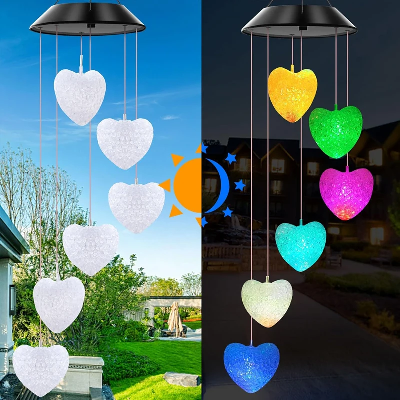 Loving Heart Solar Wind Chimes Outdoor Hanging, Solar Powered LED Changing Lights Color Mobile Romantic Wind Chimes Gifts Home