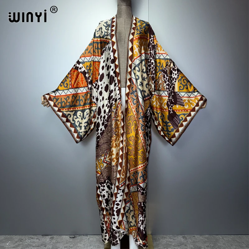 WINYI Women's Classic Pattern Print Kimono Long Bohemian Cardigan Cover-Up Stitch Casual Maxi Beach Kimono for Holiday Party