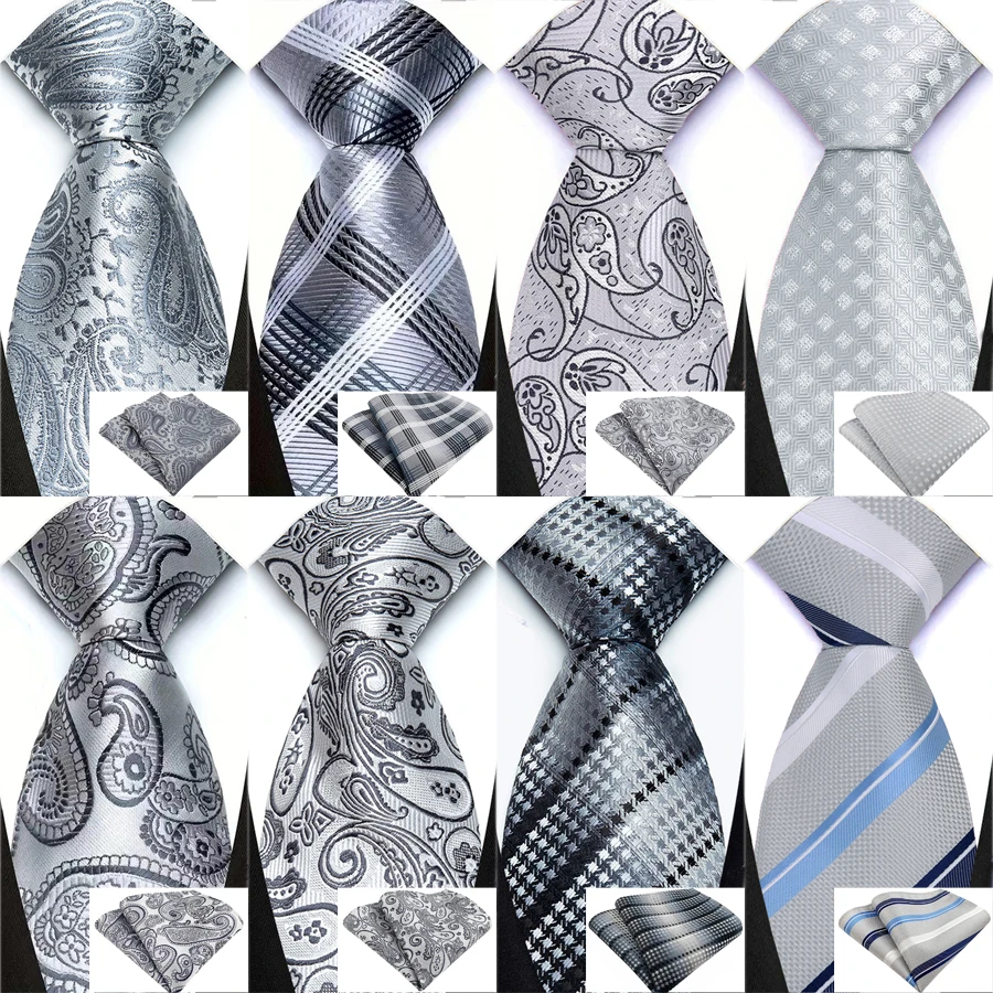 Silber Paisley Blumen Streifen Solide Herren Krawatten Hochzeit Zubehör Krawatte Set Taschentuch Krawatte Geschenk für Männer Business Party