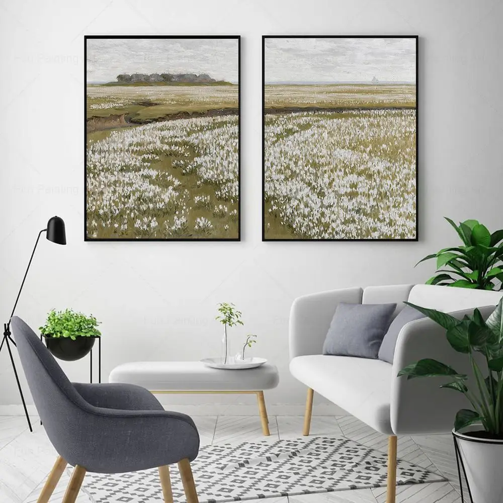 Spring Meadow Painting Vintage Landscape Print Country Field Wildflower Canvas Poater Wall Art Pictures for Living Room Decor