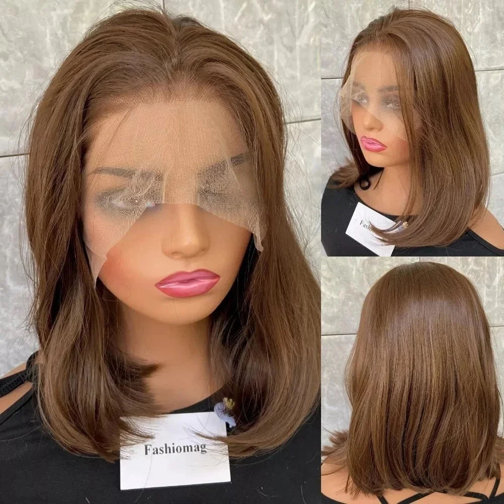 

Короткие прямые парики-боб шоколадно-коричневого цвета с кружевной передней частью, плотность 180%, 13x4 HD, предварительно выщипанные, синтетические и комбинированные кружевные парики