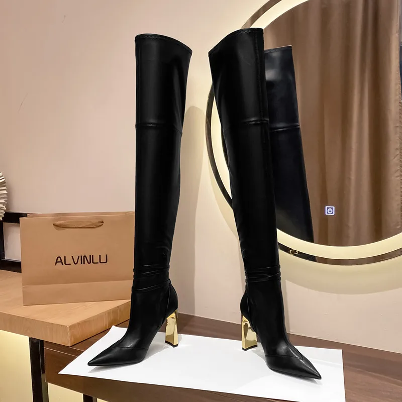 Fashion Autumn Winter Soft Leather Stretch Women Thigh high Boots Elegant Pointed toe High heels Over the knee Boots Party Shoes