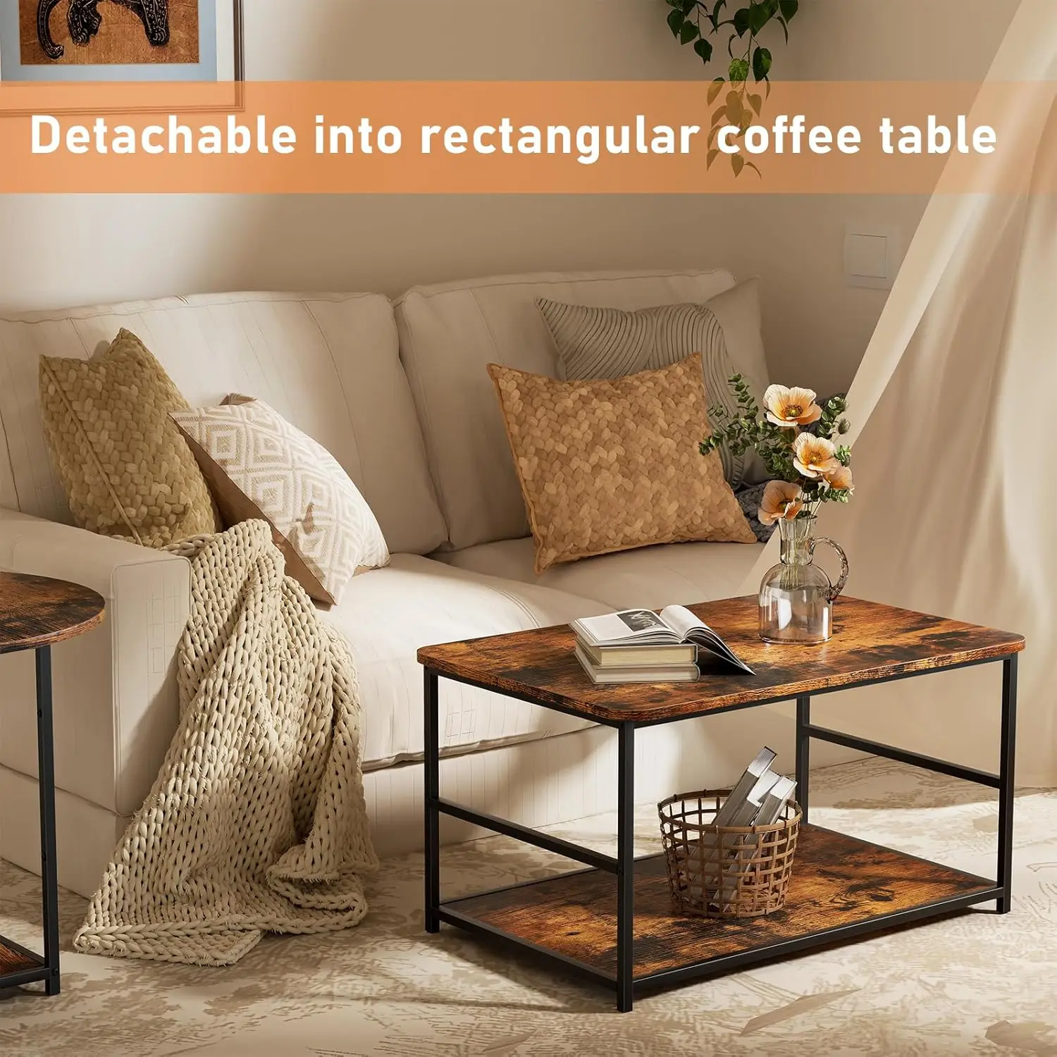 Modern Detachable Nesting Coffee Table Set, Rustic Farmhouse Design with Storage for Living Room, Brown