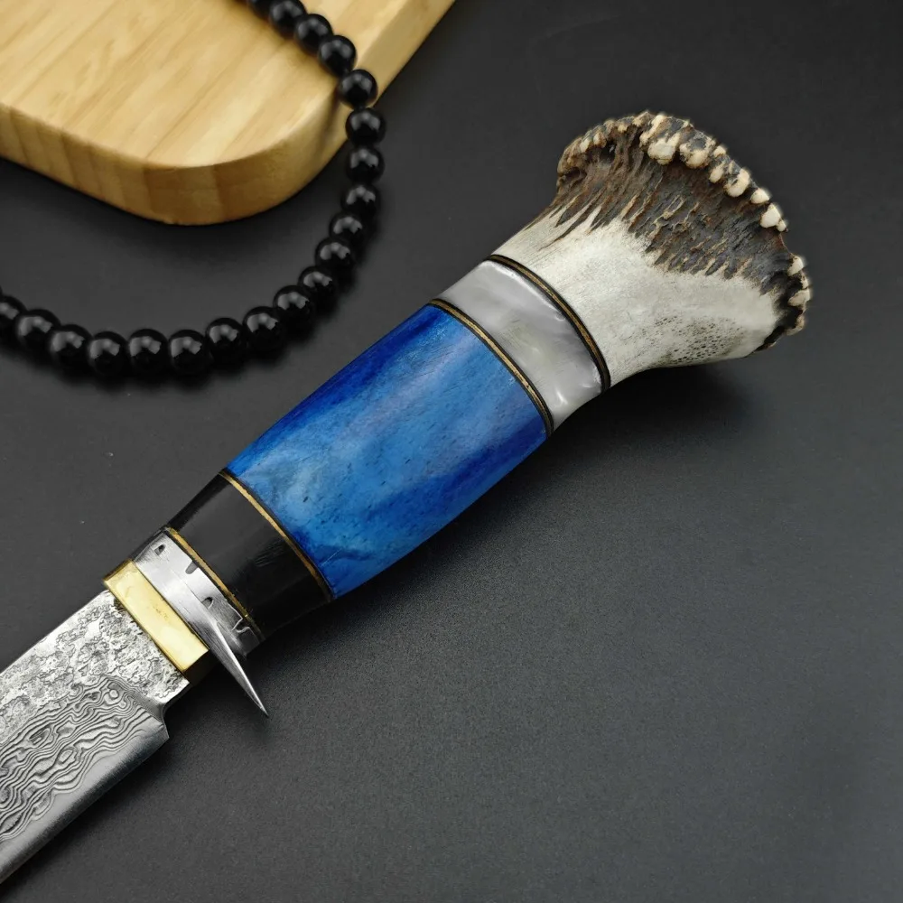 Damascus steel blade antler ox bone splice handle with cowhide sheath Outdoor camping EDC tactical hunting self-defense knife