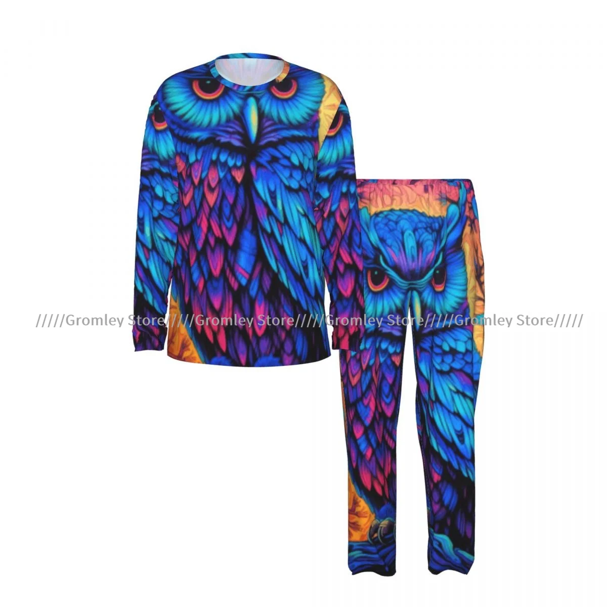 Men's Pajama Set Long Sleeve and Long Pants Owl In The Forest Colorful Illustration Soft Sleepwear for Home