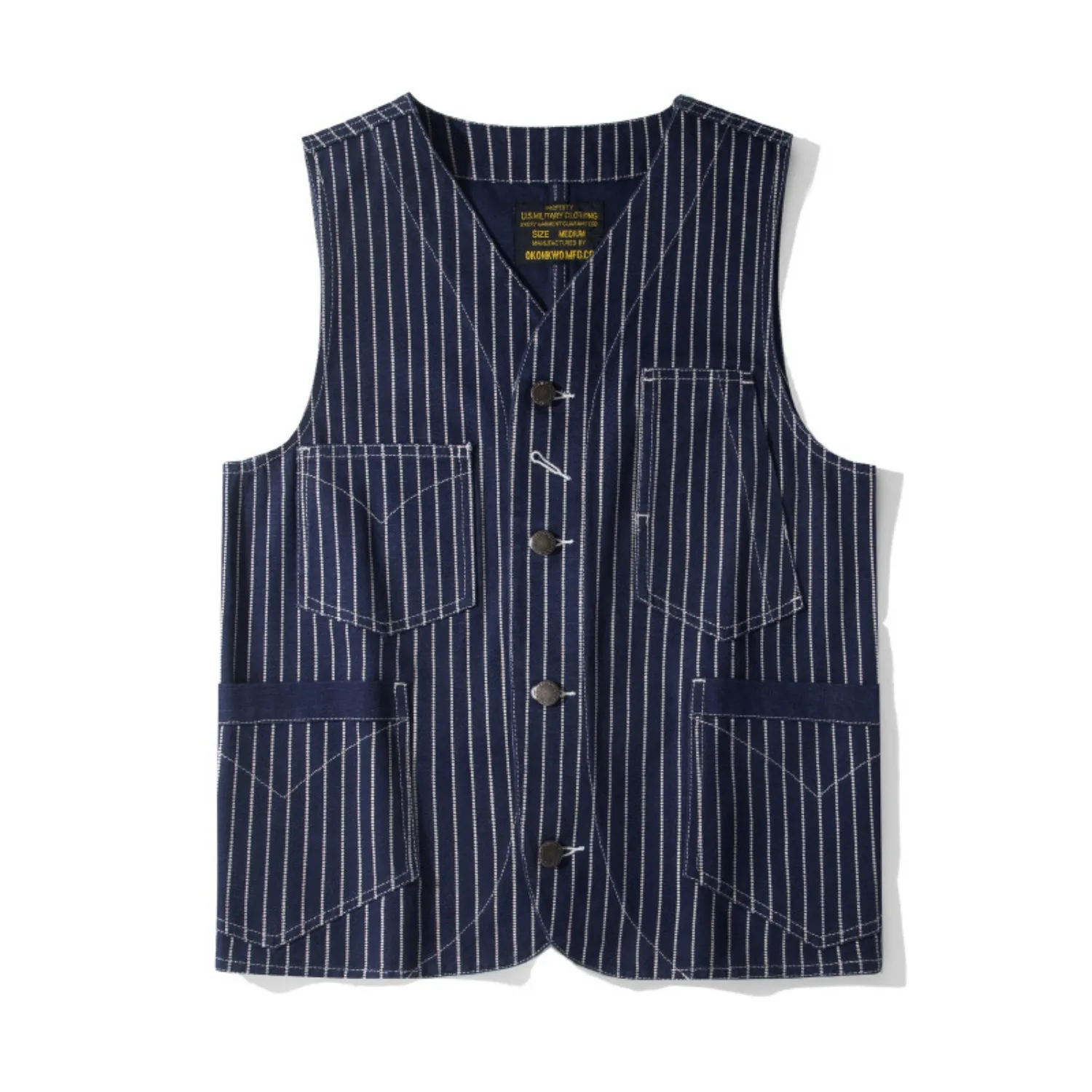 Retro vertical striped work vest men's multi-pocket V-neck sleeveless vest American casual loose waistcoat top