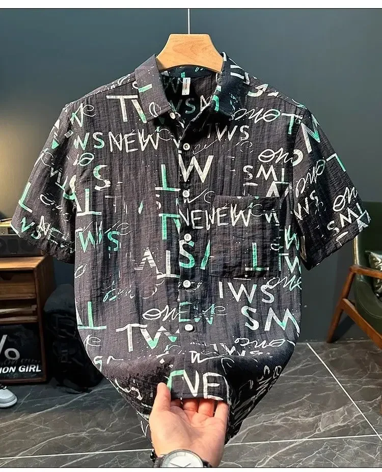 LIBIELIY LIBIELIY ضوء الاتجاه الفاخر الساخن مختوم الرجال عادية قصيرة الأكمام قميص المحطة الأوروبية الصيف الخفيفة ومتعددة الاستخدامات Co #5