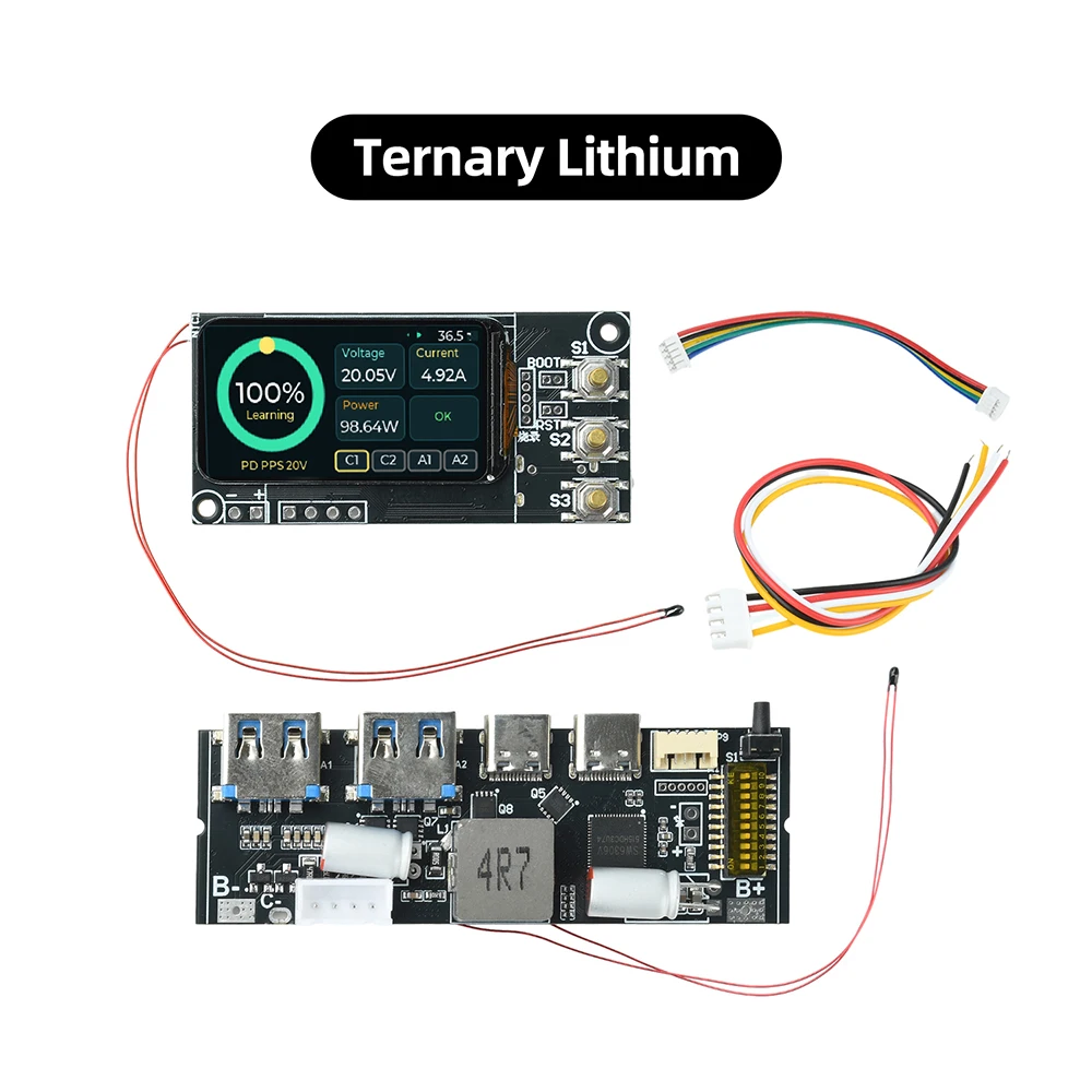 PD 100W Powerbank 2-Wege-Superschnellladung 1,47-Zoll-TFT-Bildschirm VC Flash DIY MPPT-Ladeplatine für 3S/4S/5S-Akkus
