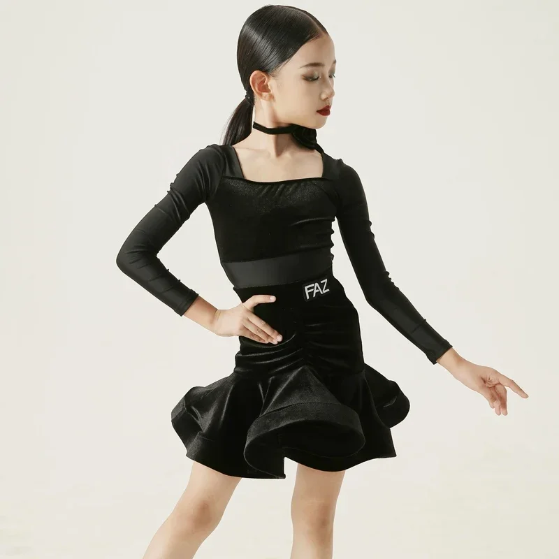 

2025 Fall Winter New Girls Latin Dance Performance Dress Kids Samba Dance Practice Set Waltz Tango Stage Costume Black